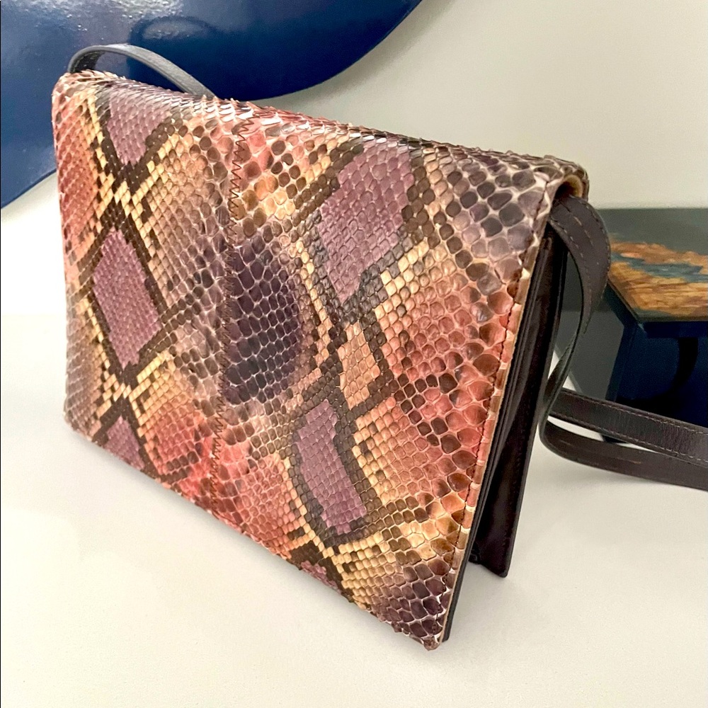 Vintage Leather Designer-Inspired Python-Print Crossbody Bag in Multi Pink